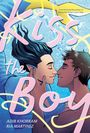 Text: "Kiss the Boy". Zwei Personen küssen sich unter Wasser, eine mit Flossen, die andere mit kurzen Haaren. Bunte Illustration.