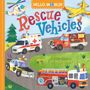 Oben steht "Rescue Vehicles". Bunte Rettungsfahrzeuge wie Hubschrauber und Feuerwehrauto auf einer Straße.