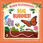 Text: "Baby Botanicals, BUG BUDDIES!" Illustration. Farbenfrohe Insekten und Pflanzen auf orangefarbenem Hintergrund.