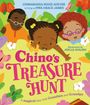 „Chino’s Treasure Hunt“ in pink, mit Kindern und Schmetterlingen. Bunt und fröhlich mit Blumen und Blättern.