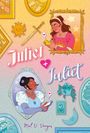 „Juliet + Juliet“ steht in verspielter Schrift in der Mitte. Zwei Frauen in Bilderrahmen schauen auf Handys mit Herz-Emoji.