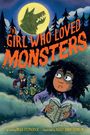 Text: "The Girl Who Loved Monsters". Illustration: Mädchen mit Buch vor wolkigem Wald, Wolfsschatten im Mond.
