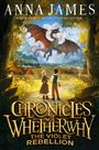 „Anna James: Chronicles of Whethery“ in Gold. Illustration: Zwei Kinder, ein Drache am Himmel, Landschaft mit Dorf.