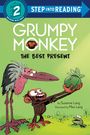 "GRUMPY MONKEY - THE BEST PRESENT" zeigt ein Illustrationsbuchcover mit einem Affen und einem Vogel.