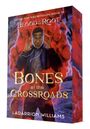 "BONES at the CROSSROADS" in goldener Schrift. Ein junger Mann mit Kopfhörern, umgeben von roten Nebeln und geisterhaften Gesichtern.