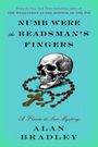 Buchtitel „Numb Were the Beadsman's Fingers“ von Alan Bradley. Illustration: Totenkopf mit Rosenkranz auf türkisfarbenem Hintergrund.