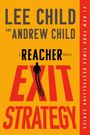 „Lee Child and Andrew Child, A Reacher Novel, Exit Strategy“. Orange Hintergrund, Silhouette einer Person.