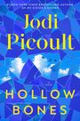 Text: "Jodi Picoult, HOLLOW BONES, a novel." Fragmentiertes blaues Mosaik mit Wolken und fliegenden Vögeln.