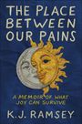 Text: "The Place Between Our Pains", "A Memoir of What Joy Can Survive", "K.J. Ramsey". Stickerei von Sonne und Mond auf blau.