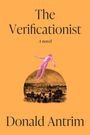 Text: "The Verificationist: A novel, Donald Antrim." Illustration: Rosa Figur schwebt über historische Stadtansicht.