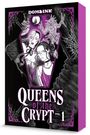 "DOM&INK" oben, "QUEENS OF THE CRYPT VOL. 1" unten. Illustration: Figuren in lila Sarg, umgeben von Spinnweben.