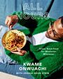 "ALL HOURS. Crazy Good Food for Whatever, Whenever. KWAME ONWUACHI WITH JOSHUA DAVID STEIN." Mann in grünem Pullover isst Pasta.
