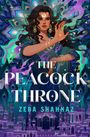 Titel: THE PEACOCK THRONE, darunter Zeba Shahnaz. Illustration: Frau mit Schmuck und Pfauenmotiv. Farben: Blau, Lila, Grün.
