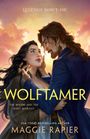 Über dem Titel "Wolftamer" steht: "Legends don't die." Die Illustration zeigt ein Paar im Sonnenuntergang.