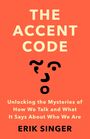 „THE ACCENT CODE“ steht oben, darunter Text über Akzente. Ein stilisiertes Gesicht aus abstrakten Zeichen ist in der Mitte.