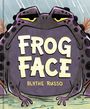 "FROG FACE" und "BLYTHE RUSSO". Illustration eines großen, lila Frosches mit gelben Augen im Regen.
