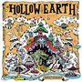 „Hollow Earth“ und „A Coloring Book“. Illustration mit Bergen, Kreaturen und UFOs in lebendigen Farben.