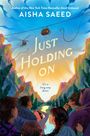 "Aisha Saeed, Just Holding On, It's a long way down." Illustration mit Menschen, die auf Seilbahnen über Berge zeigen.
