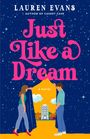 „Just Like a Dream“, „A Novel“. Zwei Figuren öffnen einen Vorhang zu einer Stadt, umgeben von Sternenhimmel.