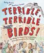 Text: "Terrible, Terrible Birds!" Vögel fliegen über eine Gruppe von Menschen, die erstaunt nach oben schauen. Illustration.