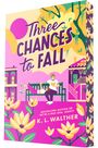 "Three Chances to Fall" von K.L. Walther. Zwei Personen entspannen auf einer Bank, umgeben von Blumen und Häusern.