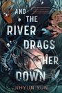 "And the River Drags Her Down" von Jihyun Yun, zeigt ein Gesicht halb verdeckt von dunklen Haaren, umgeben von Blumen.