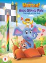 „Horton Nool Grand Prix Coloring & Activity Book“ in bunten Buchstaben. Illustration: Ein Elefant in einem Auto.