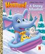 Text: "Horton! A Snowy Situation". Illustration: Ein blauer Elefant auf einem Schlitten im Schnee mit zwei Tierfreunden.