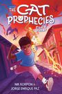 „The Cat Prophecies: Claw Quest“. Junge und Katze rennen mit einem leuchtenden Stab durch bunte Straßen, Vögel umher.