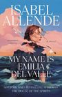 Titel: "My Name is Emilia del Valle" von Isabel Allende. Illustration einer Frau am Meer mit Möwen und rosa Wolken.