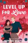"Level Up for Love" von Lenora Woods. Ein stilisiertes Paar vor einem Schloss mit Würfeln, Fledermäusen und einem Schwert.