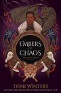 „Embers of Chaos“, „The Ashen Series Book Four“, „Demi Winters“. Eine Illustration mit einem Mann, Drache und mystischen Symbolen.