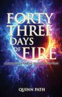 "FORTY THREE DAYS OF FIRE. A Journey Into The Hidden Universe. QUINN PATH." Farbenfrohe, mystische Illustration mit Feuer und Licht.