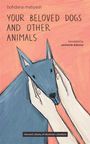 Text: "Your Beloved Dogs and Other Animals." Zwei Hände halten einen blauen Hund. Illustration in warmen Farben.
