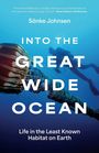 Buchtitel: "Into the Great Wide Ocean". Ein Taucher und eine riesige Qualle im tiefen blauen Wasser.