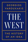 GEORGIOS VAROUXAKIS. THE WEST. THE HISTORY OF AN IDEA. Dunkelblauer Hintergrund, goldener und weißer Text.