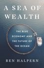 "A Sea of Wealth", "The Blue Economy and the Future of the Ocean", "Ben Halpern". Ein Boot an einem runden Netz im Wasser.