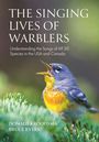 „THE SINGING LIVES OF WARBLERS“. Ein Vogel sitzt mit geöffnetem Schnabel auf einem Ast. Grün-blauer Hintergrund.