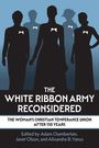 Schattenhafte Frauen mit weißen Schleifen, Titel: "The White Ribbon Army Reconsidered", blaue Hintergrundfarbe.