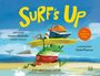 „Surf’s Up“ groß in Gelb. Frösche surfen mit Buch und Brett am Strand, Wal im Wasser. 10th Anniversary Edition.