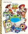 "Disney Pixar Toy Story 5." Illustration mit bekannten Figuren, die um einen Frosch-Charakter versammelt sind.