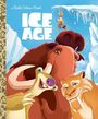 Text: "ICE AGE" in großen, weißen Buchstaben. Illustration: Ein Mammut, Faultier und Säbelzahltiger lächelnd vor Eislandschaft.