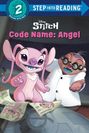 Oben: "Step into Reading", "Stitch", "Code Name: Angel". Illustration: Rosa Figur und Wissenschaftler lächelnd.