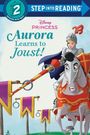 "Aurora Learns to Joust!" Disney-Prinzessin Aurora in Ritterrüstung reitet auf einem Pferd mit einer Lanze.