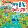 "How Big is God's Love?" Illustration: Kind mit Katze, Tiere, Fluss, Berg, Regenbogen, Heißluftballon.