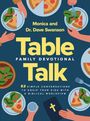 Text: "Monica and Dr. Dave Swanson, Table Talk, Family Devotional." Illustrierte Hände, die Pizza und Salat auf Tellern servieren.
