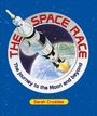 Text: "The Space Race", "The journey to the Moon and beyond", "Sarah Cruddas". Illustration: Rakete vor Erde und Mond.