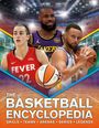 "The Basketball Encyclopedia" steht groß. Drei Basketballspieler mit Bällen, Arenahintergrund, leuchtende Scheinwerfer.