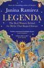 Buchtitel: "Janina Ramirez - LEGENDA" mit Untertitel: "The Real Women Behind the Myths That Shaped Europe", blau-goldene Illustration.
