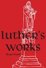 Text: "luther's works", "House Postil I". Illustration einer Statue auf rotem Hintergrund.